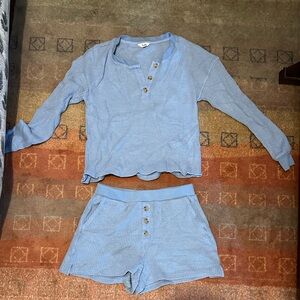 Knix Blue Waffle Knit Henley & Pyjama Short Set